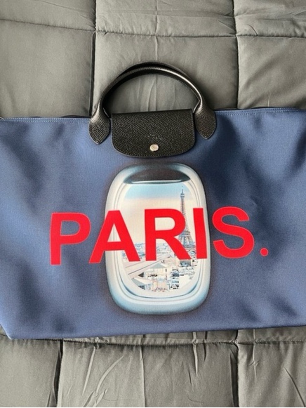 Longchamp Blue Travel Tote with Red PARIS Graphic and Black Trim